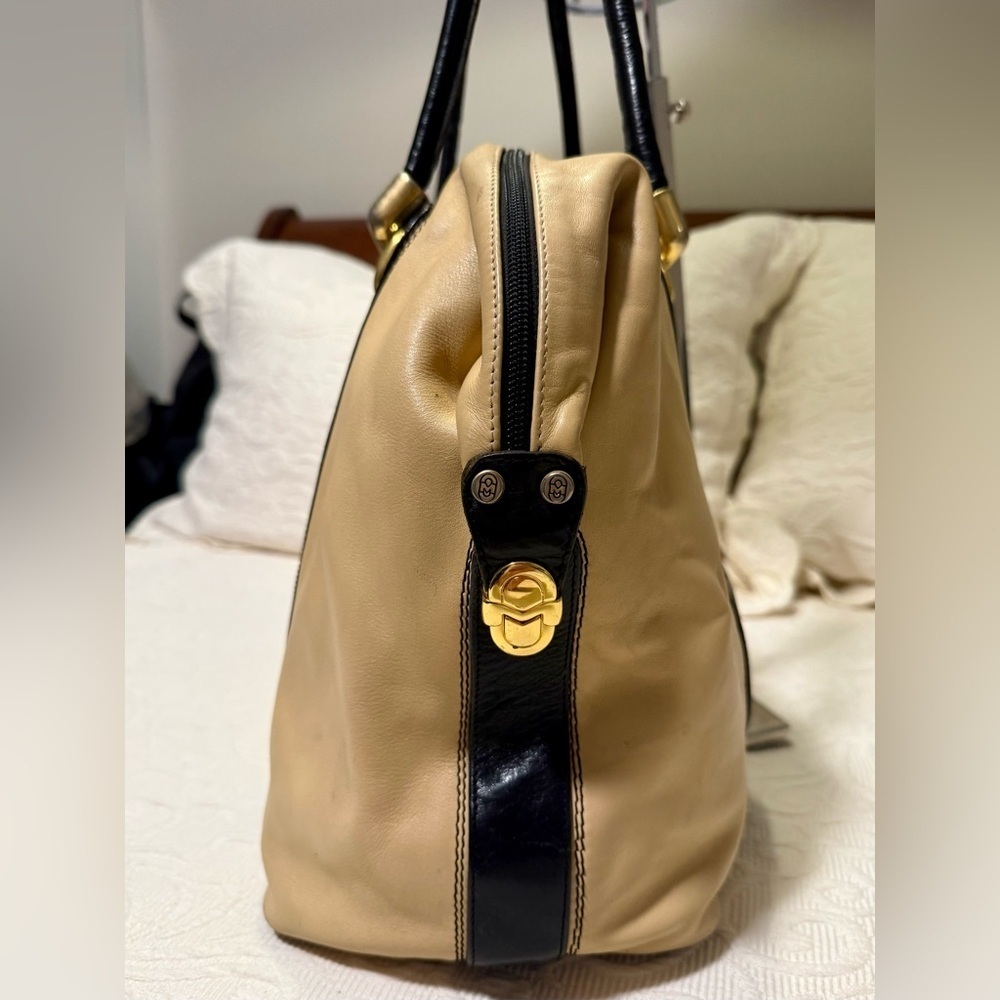 Gently Used Marino Orlandi Tan and Black Italian Leather Travel Bag - Picture 5 of 8